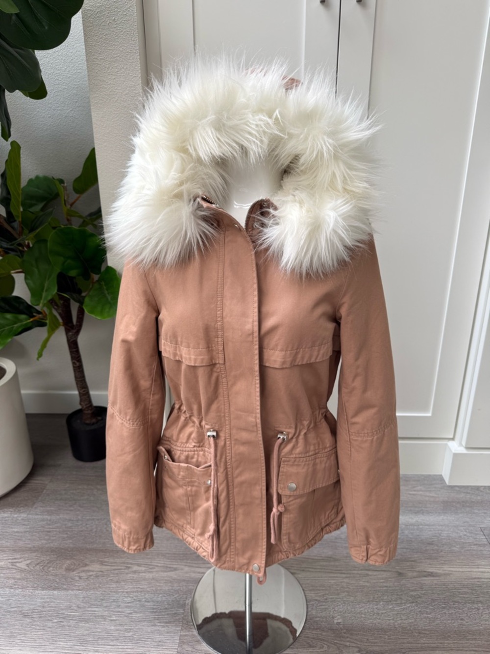 H&M Rose Tan Utility Parka with White Faux Fur Hood